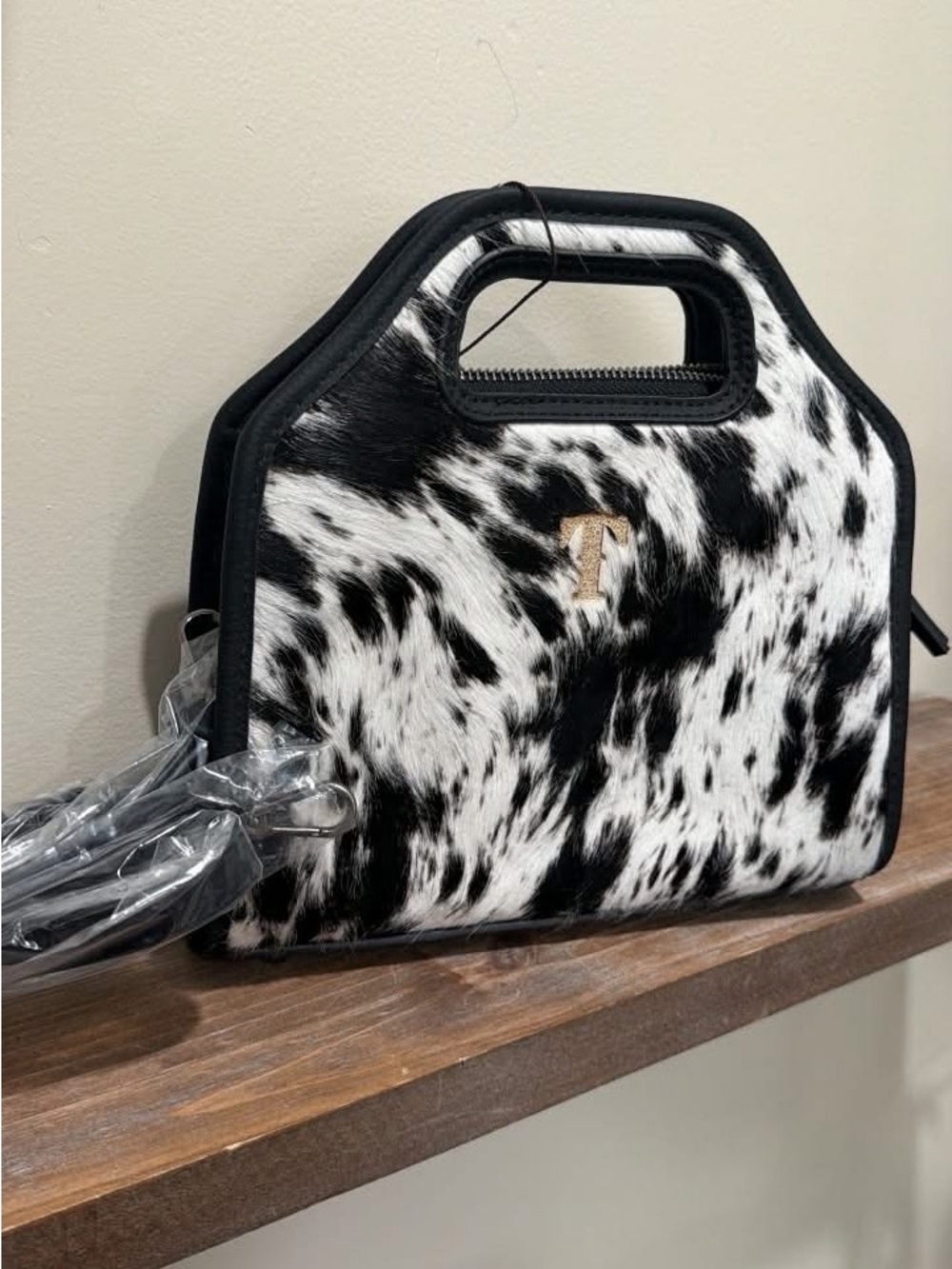 Black & White Cowhide Satchel with Gold Accent